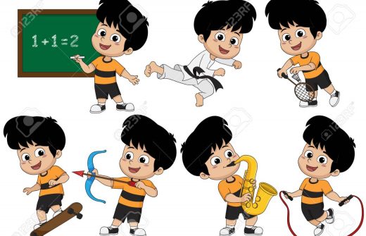 Set of kid activity, kid learning math in class,playing taekwondo ,playing badminton,playing skateboard,playing saxophone,playing bow,jumping with rope.vector and illustration.